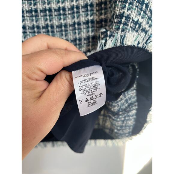 Ann Taylor Blue White Tweed Top Fringe Trim Blouse Size 8 - Picture 3 of 7